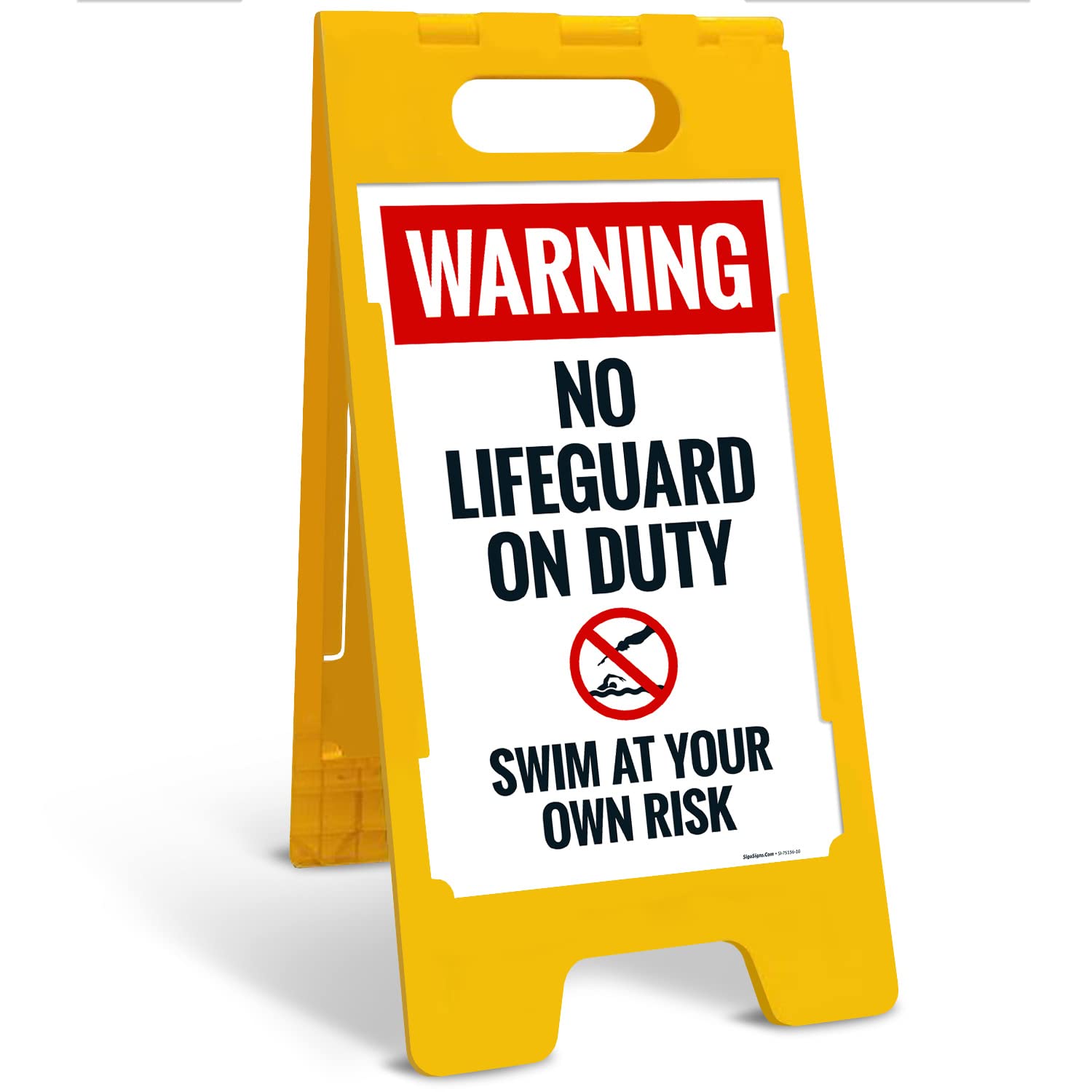 Warning No Lifeguard On Duty Swim at Your Own Risk with Graphic Folding Floor Sign, 10x16 Inches, with A Frame Stand, Made in USA by Sigo Signs