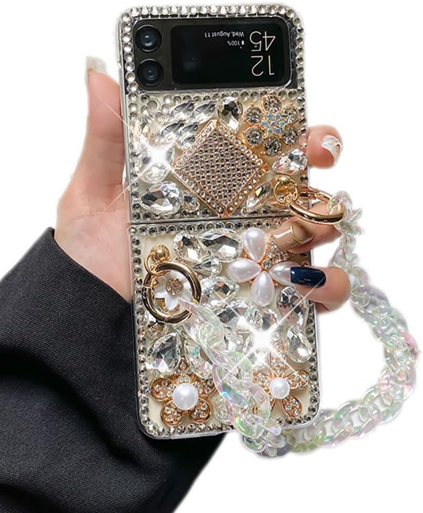 Case for Samsung Galaxy Z Flip 3 with Lanyard,Luxury Bling Diamond Rhinestone Gemstone 3D Perfume Bottle and Flower Gemstone Cover Case for Women Girls with Galaxy Z Flip 3 5G (2021)