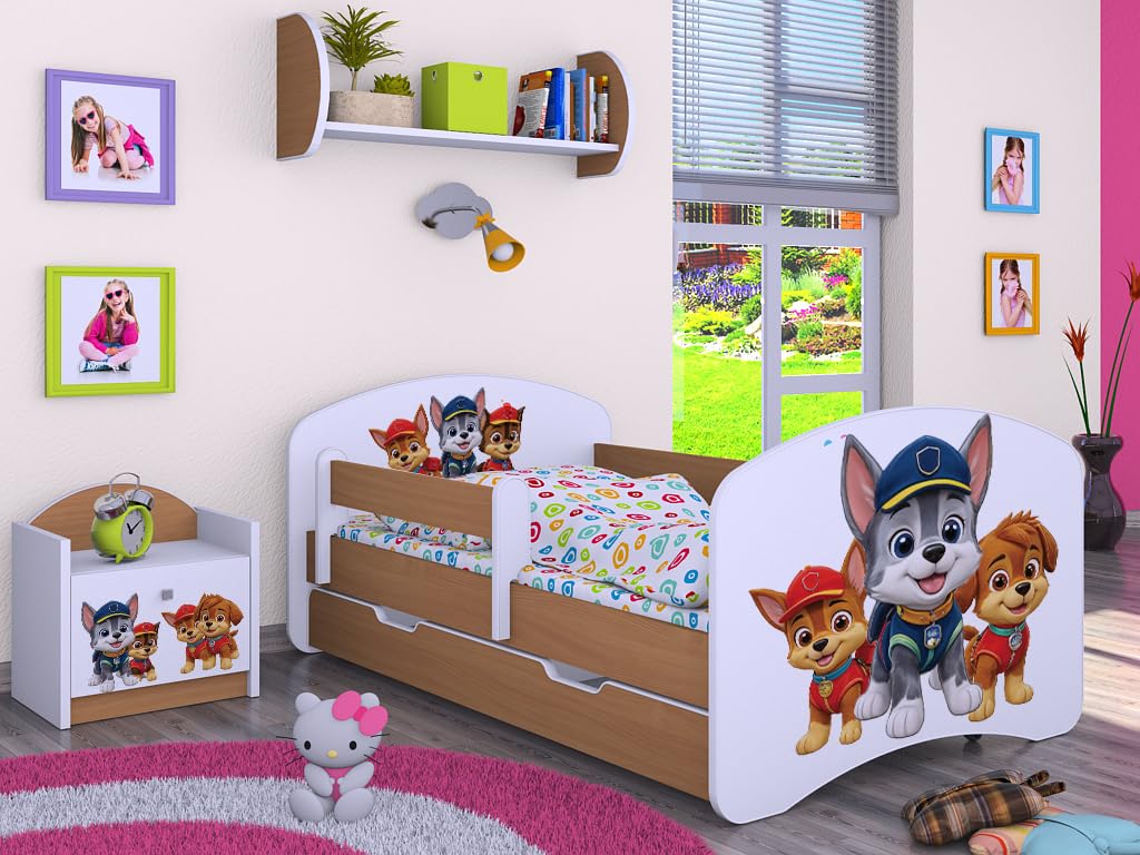 Happy Babies Kinderbett mit Rausfallschutz Junge 140x70 Bett für Kinderzimmer mit Schublade Matratze Einzelbett für Kinder Weiß Blau Hundemotiv (Buche)