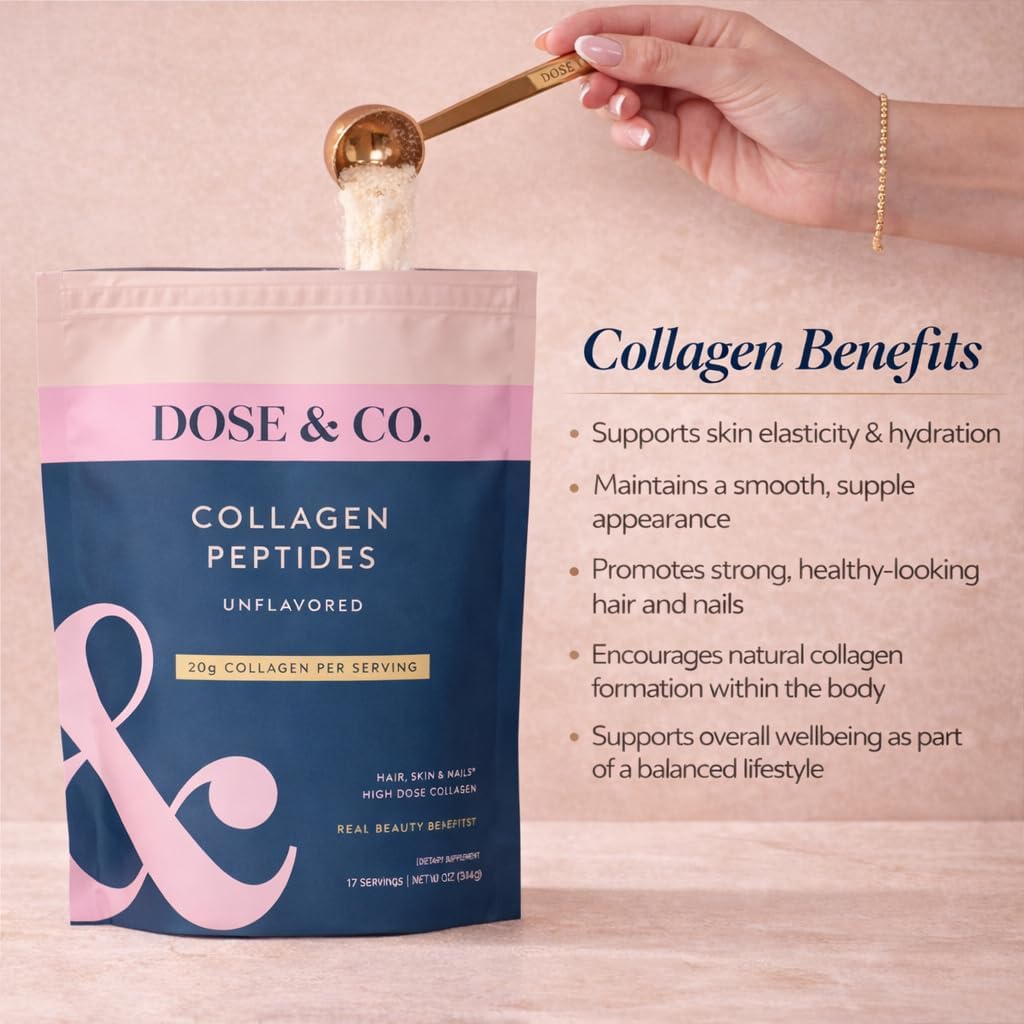 DOSE & CO. Pure Collagen Peptides Powder, Unflavored, 9.6 Oz | Hydrolyzed Bovine Collagen Type I & III with 18g Protein - Supports Healthy Hair, Skin & Nails | Non-GMO, Preservative Free, Gluten Free