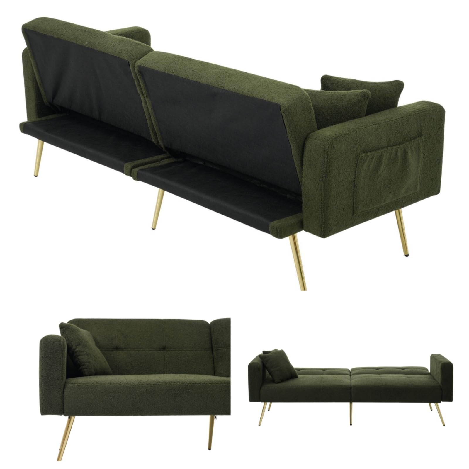 KOMHTOM Canapé Vert foncé Canapé 2 Places avec Coussins et Poches de Rangement latérales, canape lit 2 Places Convertible avec Dossier réglable Petit canapé Moderne (Vert)