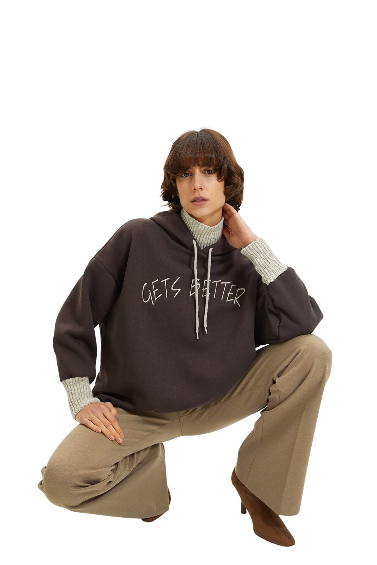 Trendyol Mujer Beige/Marrón Sudadera Con Capucha - Marrón Pequeño