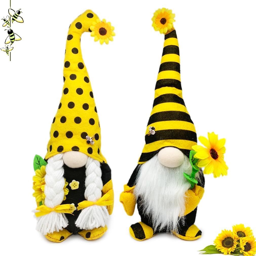 Tall Sunflower Gnome Set – 2PCS 15” & 14” Bee Plush Scandinavian Gnomes, Rustic Farmhouse Spring & Summer Decor, Tiered Tray & Mantel Decorations, Housewarming Gift, Party Table Centerpiece