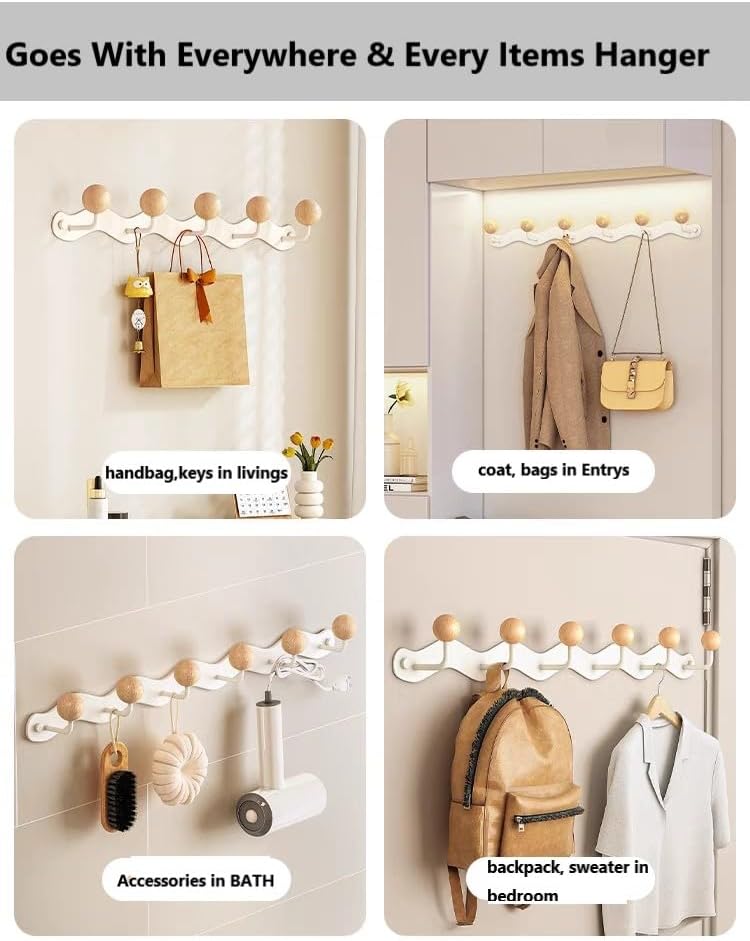 Coat Rack Wall Mount,White Wall Hooks Adhesive & Screw in,Anti-Tear Wooden Ball Hook Rail, Heavy Duty Metal Coat Hanger Wall Mount for Entryway, Bathroom, Bedroom, Kitchen 2PACK(6-tri Hooks) - Image 6