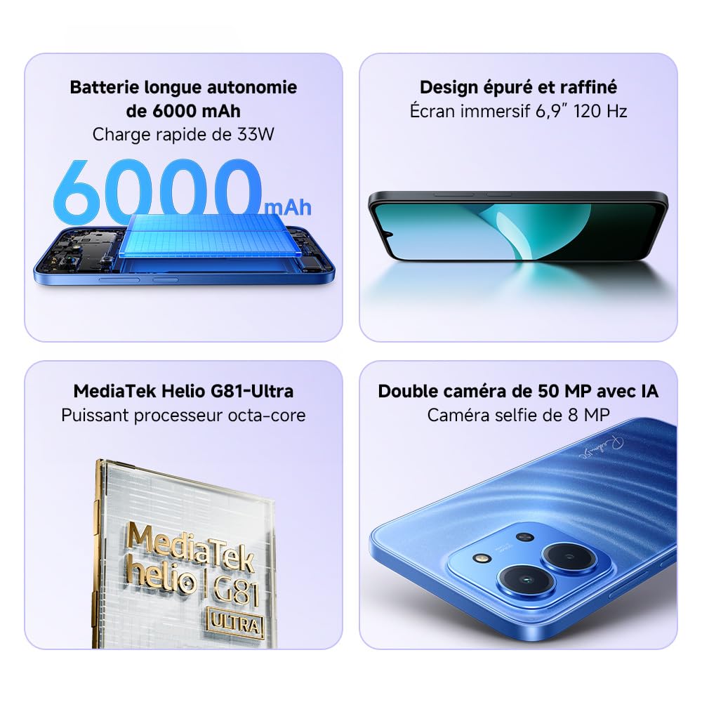 XIAOMI REDMI 15C Smartphone 4+256 Go Écran 6,9 Pouces 120Hz - Vert | Épaisseur 7,99 mm, batterie 6000 mAh, MediaTek Helio G81-Ultra, Version Française, 2 ans de garantie, chargeur non inclus