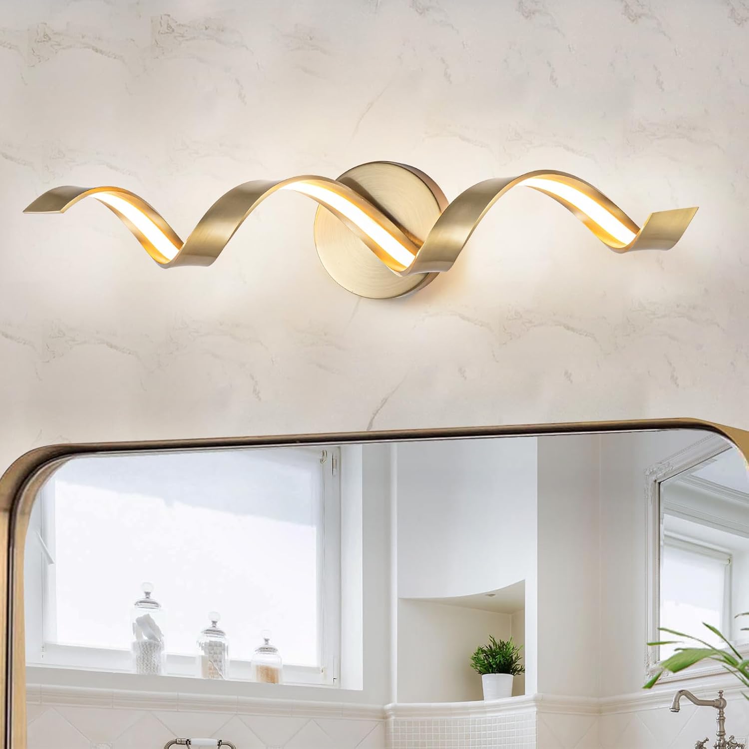 Dimmable Gold Bathroom Light Fixtures, 24 inch Spiral Design Modern LED Bathroom Vanity Lights Over Mirror, 15W Wall Light Fixtures for Living Room 3000K Warm Light