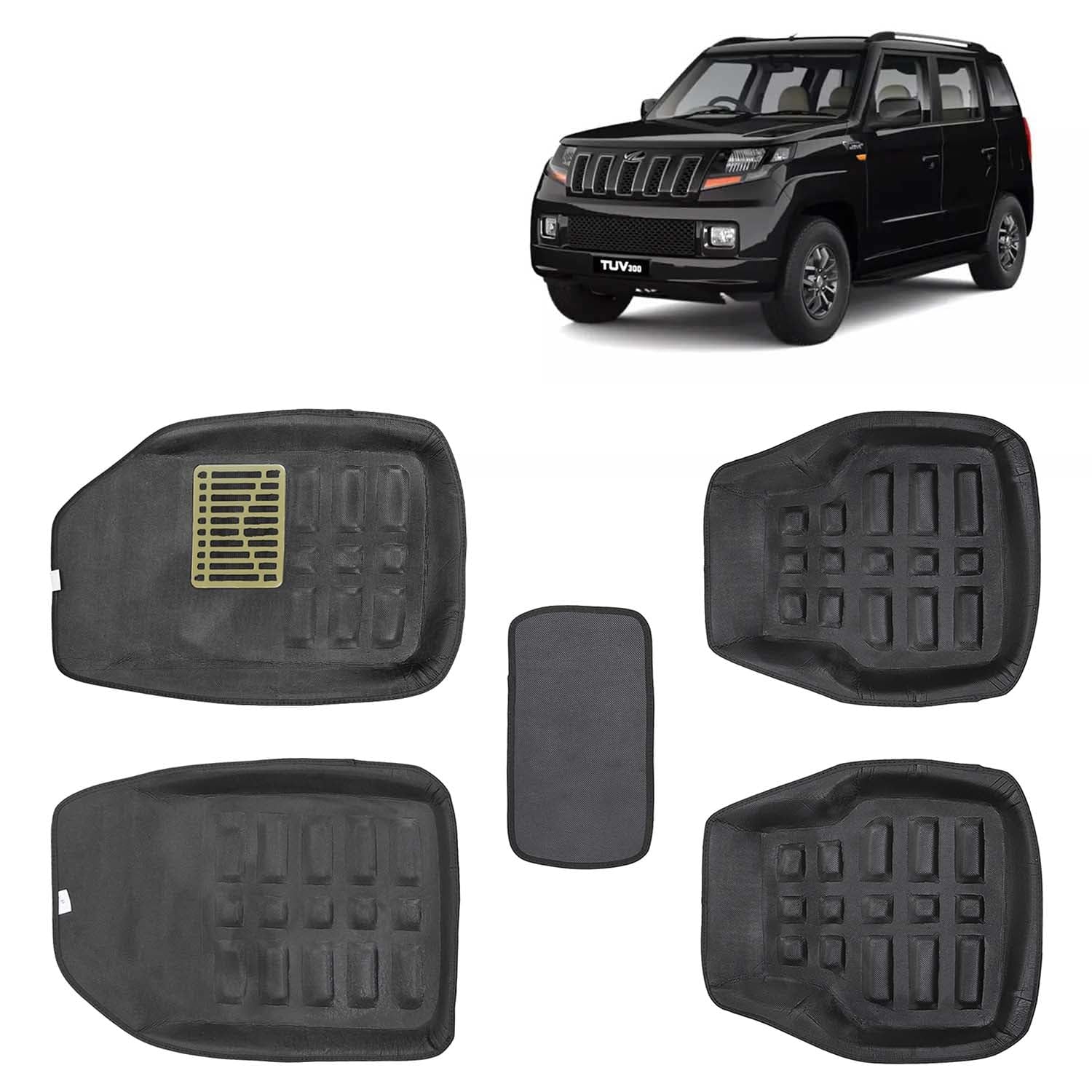 KINGSWAY® 4D Car Floor Foot Mats Compatible with Mahindra TUV 300 (Year 2015-2020) - Complete Set of 4 Pieces, Top-Notch PVC Material, Washable, Black