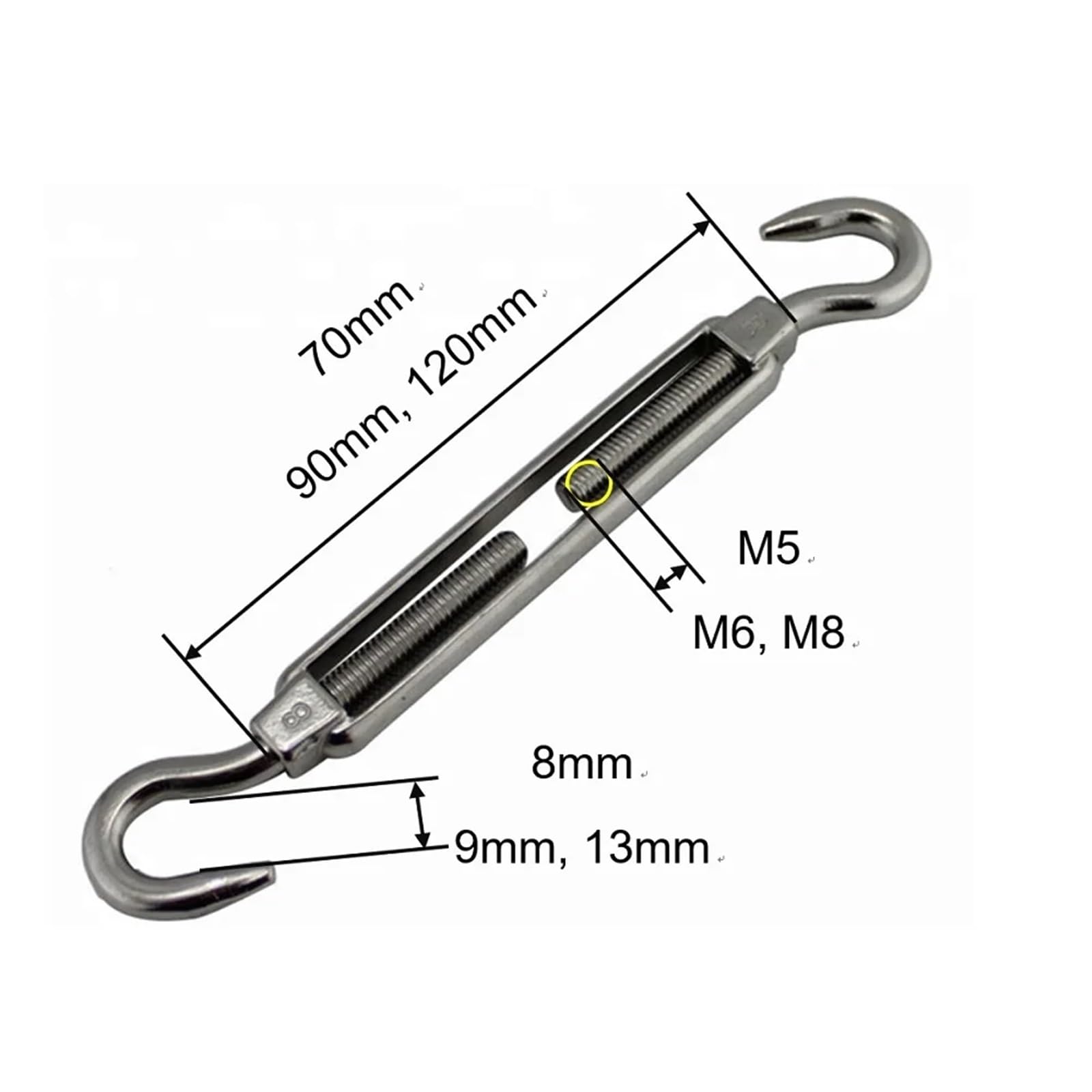 Tendeur Crochet et Crochet à tendeur en Acier Inoxydable 304, 5 pièces, Tension de câble métallique Robuste M5 M6 M8 for Garde-Corps de câble de Voile d'ombrage Solaire(M8)