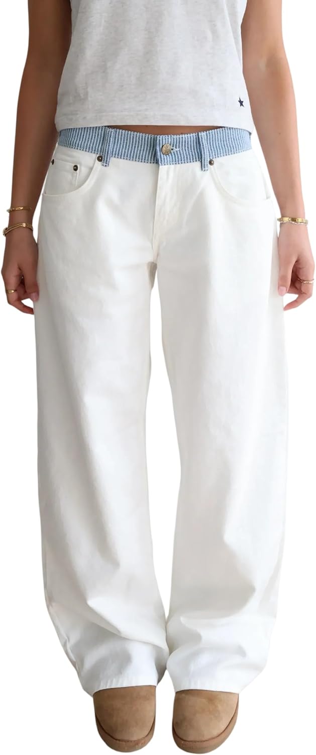 Women's Adjustable Waist Wide Leg Jeans Casual Mid High Waisted Baggy Straight Leg Denim Pants