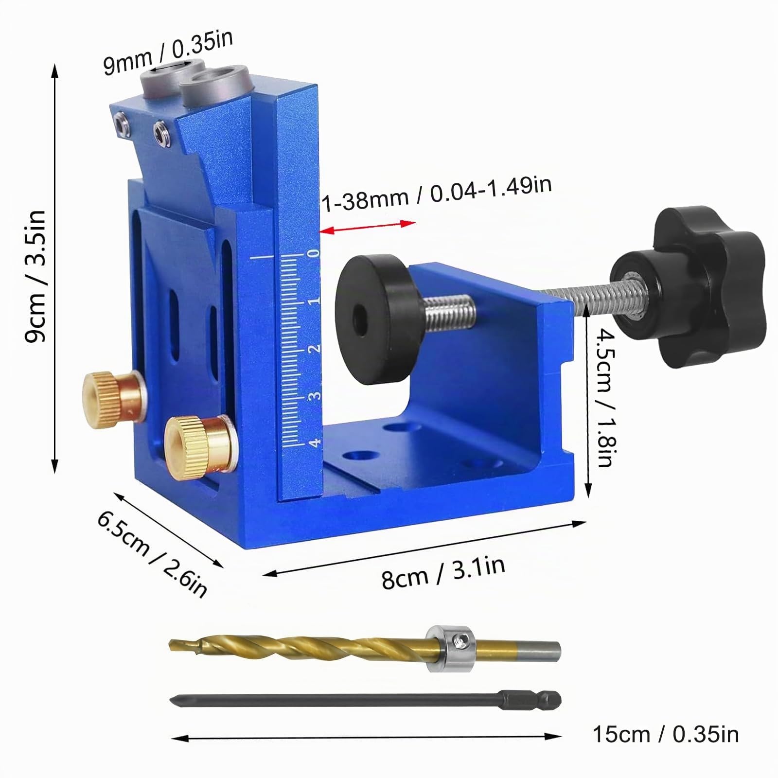 Kit De Gabarit De Trou De Poche, Outil d'Angle Pour Joints En Bois, Gabarit De Percage En Métal Avec 2 Forets Inclinés à 15 °, Positionneur De Trou Incliné En Alliage d'Aluminium