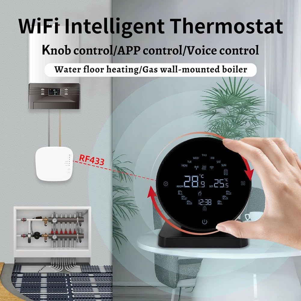 Thermostat d'ambiance sans fil compatible avec Alexa Google Assistant pour Smart Life App Télécommande pour système de chauffage au sol Noir