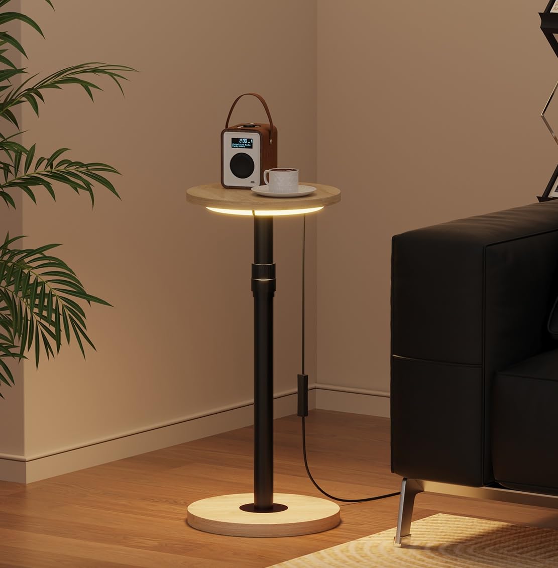 Redd Royal Round Small Side Table Sofa Table Wood with Led Light, 25cm Narrow End Table Tall Coffee Table Height Adjustable 47 to 82cm for Living Room Bedroom (25cm walnut table with led light)