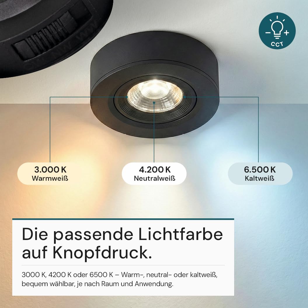 LUXULA LED Einbaustrahler Schwarz 12 Stück - Deckenspot Einbau/Aufbauspot 230V, CCT 3000K 4200K 6500K, 5 W 500 lm, schwenkbar, 38° Spots für Decken innen, LED Deckenlampe flach, Lochmaß 70-75mm