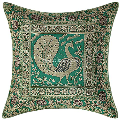 Image of Decorative Brocade Cushion Covers 16x16 Inch Banarasi Jacquard Weave Emerald Green & Gold Home Decor Peacock Traditional Square 40x40 cm Zippered Sofa Settee Pillowcases -Set of 2 Pcs