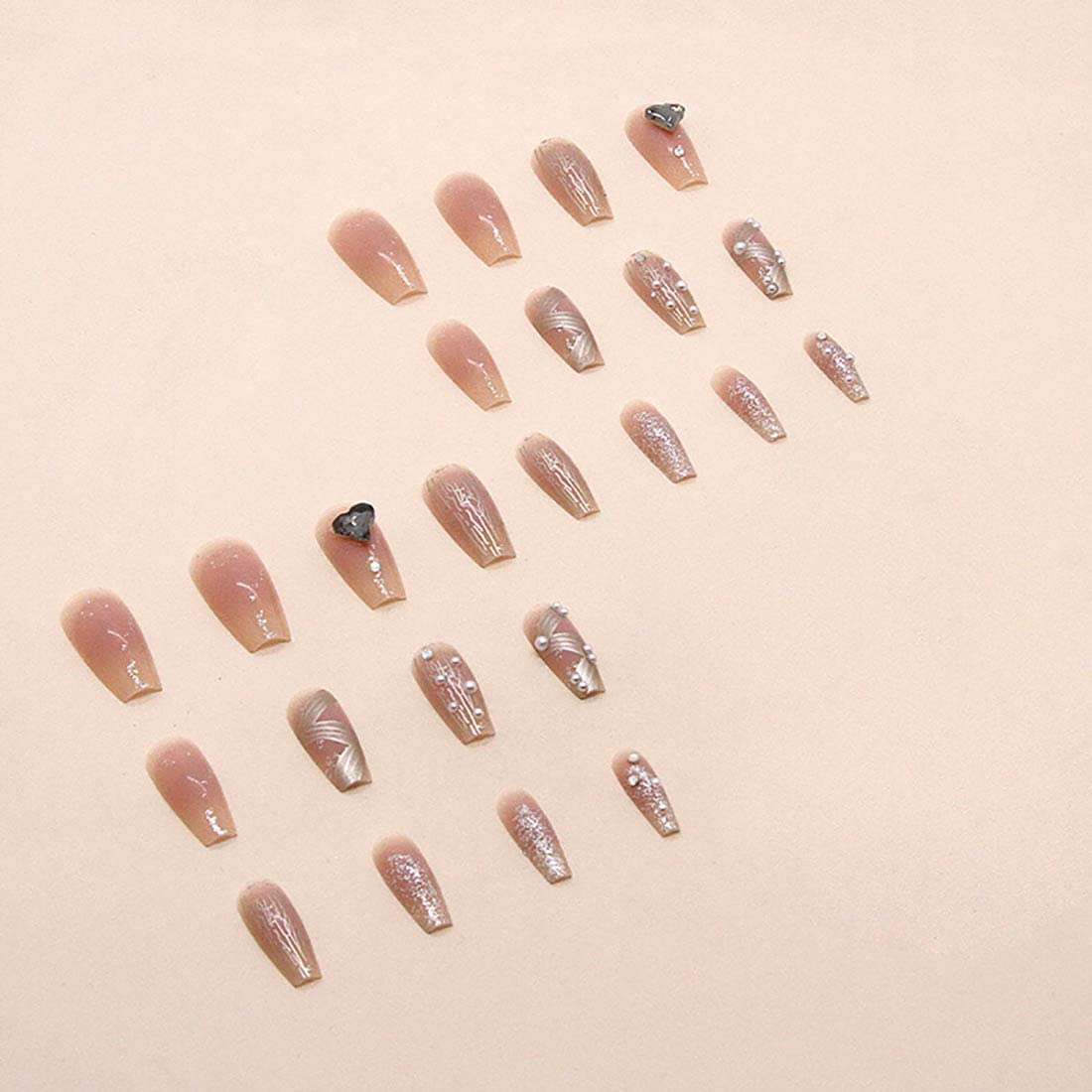 Cubahop 24pcs French Medium Crystal Fake Nails Nude Glossy Butterfly Flash Powder False Nails Rhinestone Love Press on Nails for Women and Girls (Nude 2) - Image 2