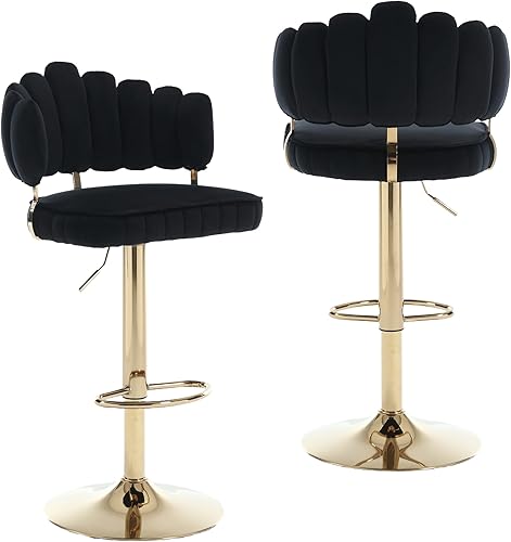 QQU Juego de 2 taburetes de bar giratorios de 360 para sala de estar, base dorada, sillas de altura de mostrador ajustables con reposapiés para