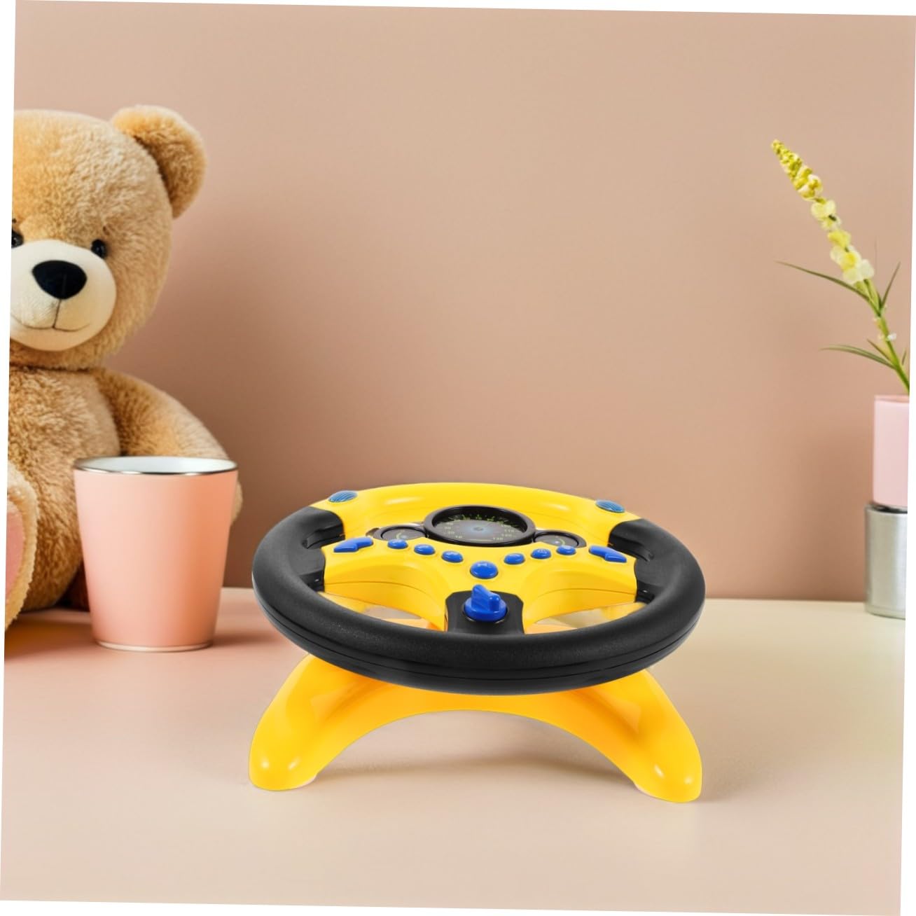Simulatore di Guida per Bambini con Sterzo in Plastica Giallo, Giocattolo Educativo Interattivo con Luci e Musica per Attività in Famiglia e Gioco di Finzione