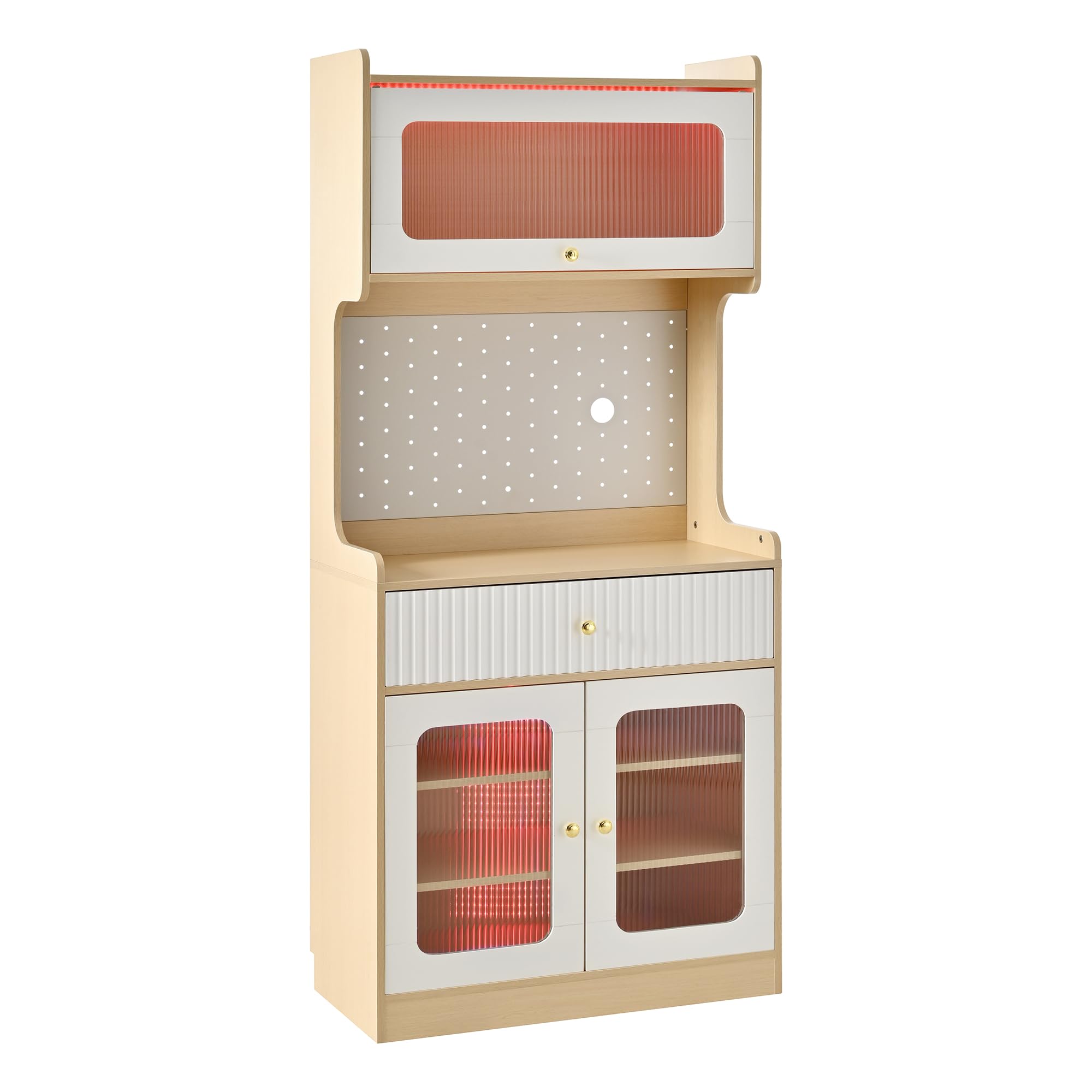 MURUL Highboard naturale/bianco, con LED, vetro scanalato, ripiani regolabili e cassetti, ideale per cucina, sala da pranzo e soggiorno