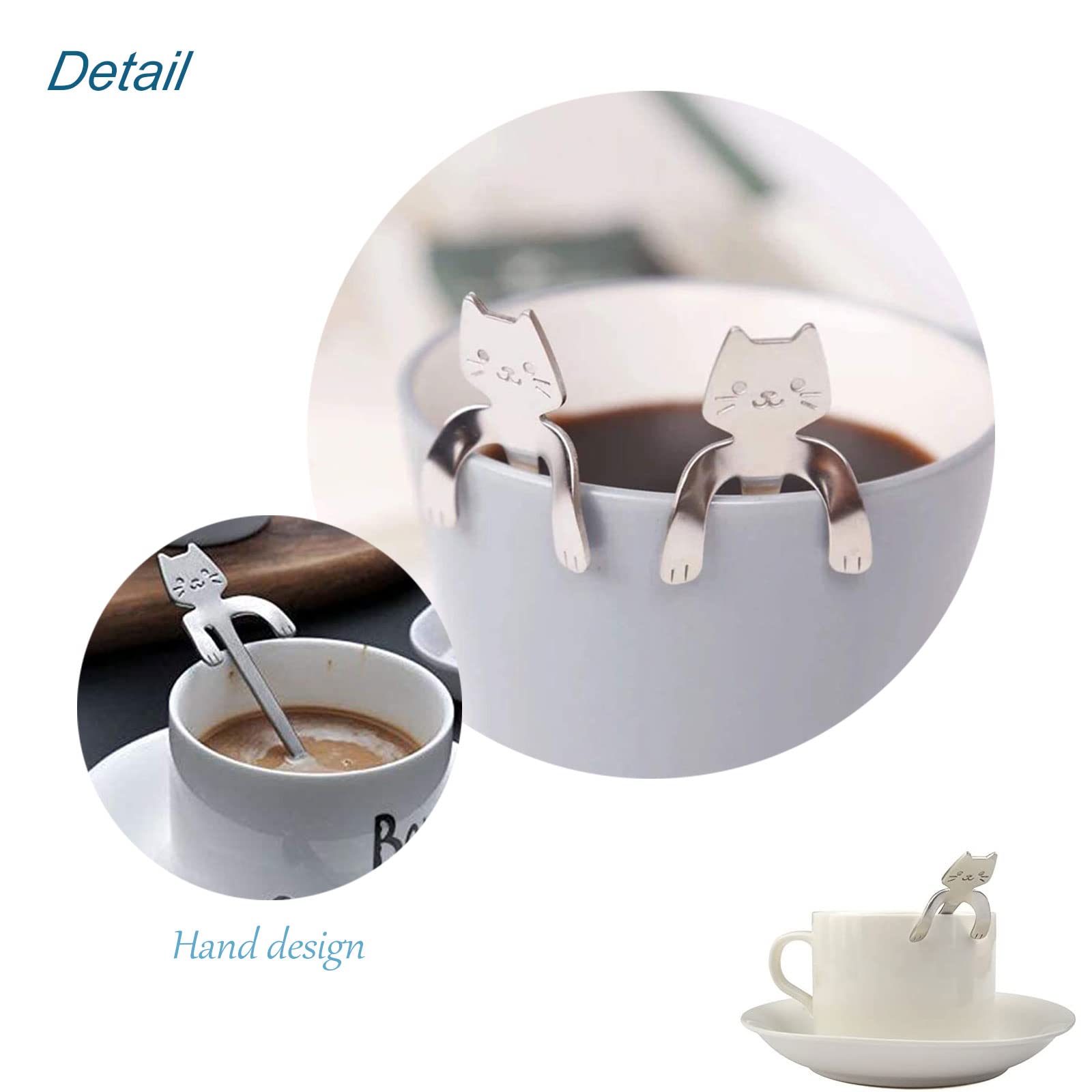 6 Cucchiaini Da Dessert In Acciaio Inox A Forma Di Gatto, Lunghi 12 Cm, Per Caffè Latte Yogurt E Gelato, Eleganti E Divertenti - 2