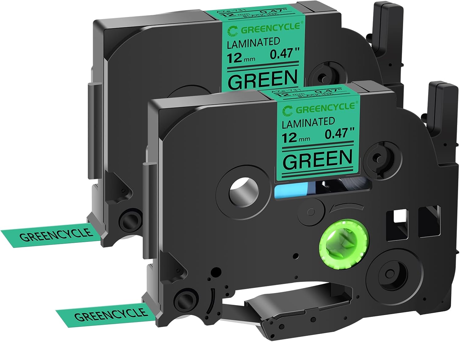 GREENCYCLE 2 Pack 12mm 0.47 Inch Black on Green Laminated Label Maker Tape Compatible for Ptouch TZe-731 TZe731 TZ731 TZ-731 1/2'' TZe TZ Tapes for PT-H100 D210 D600 H110 D400 D410