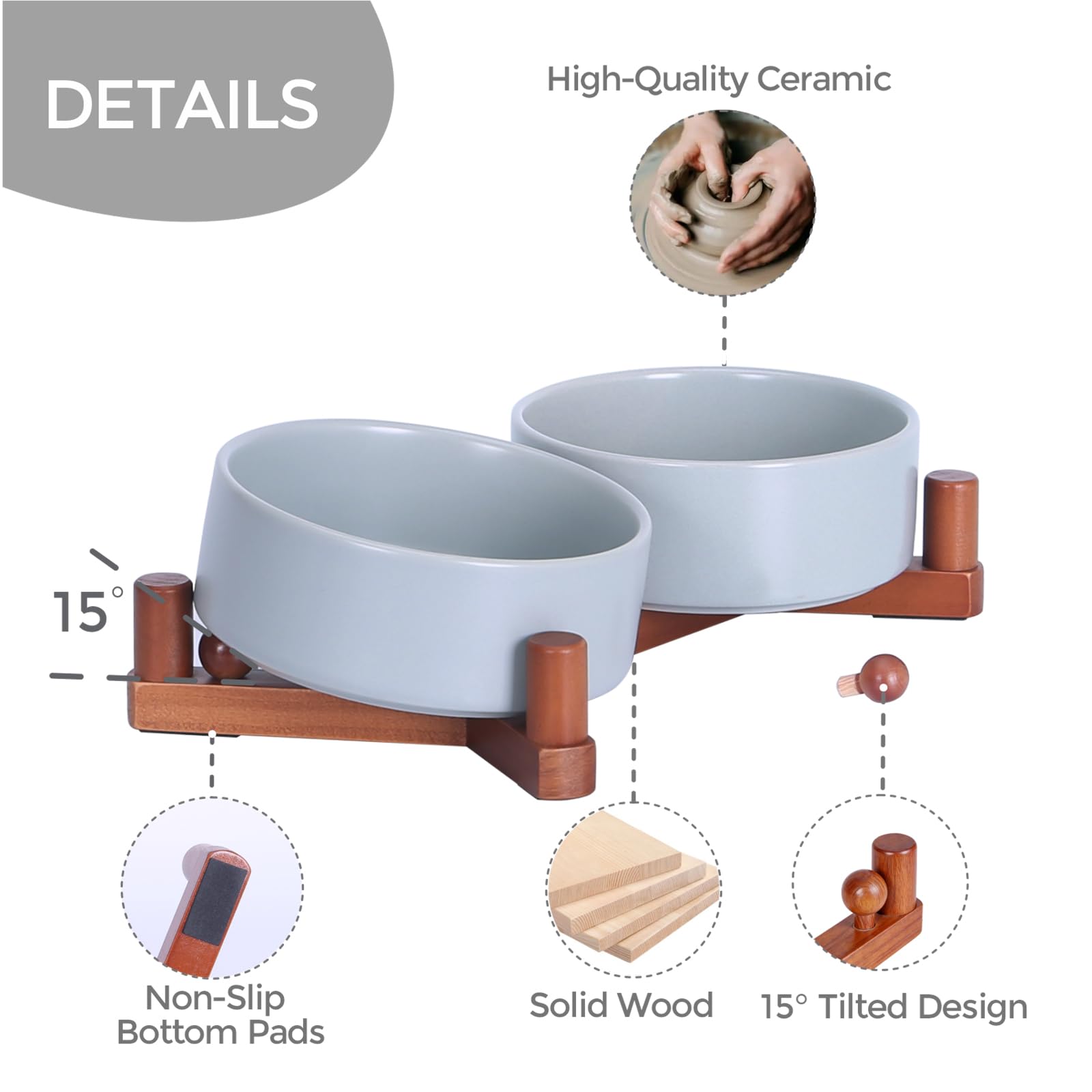 Lot de 2 gamelles en céramique pour chien et chat avec support en bois, bols lestés antidérapants pour nourriture et eau, double mangeoire surélevée pour petits chiens et chats, gamelles en vernis mat
