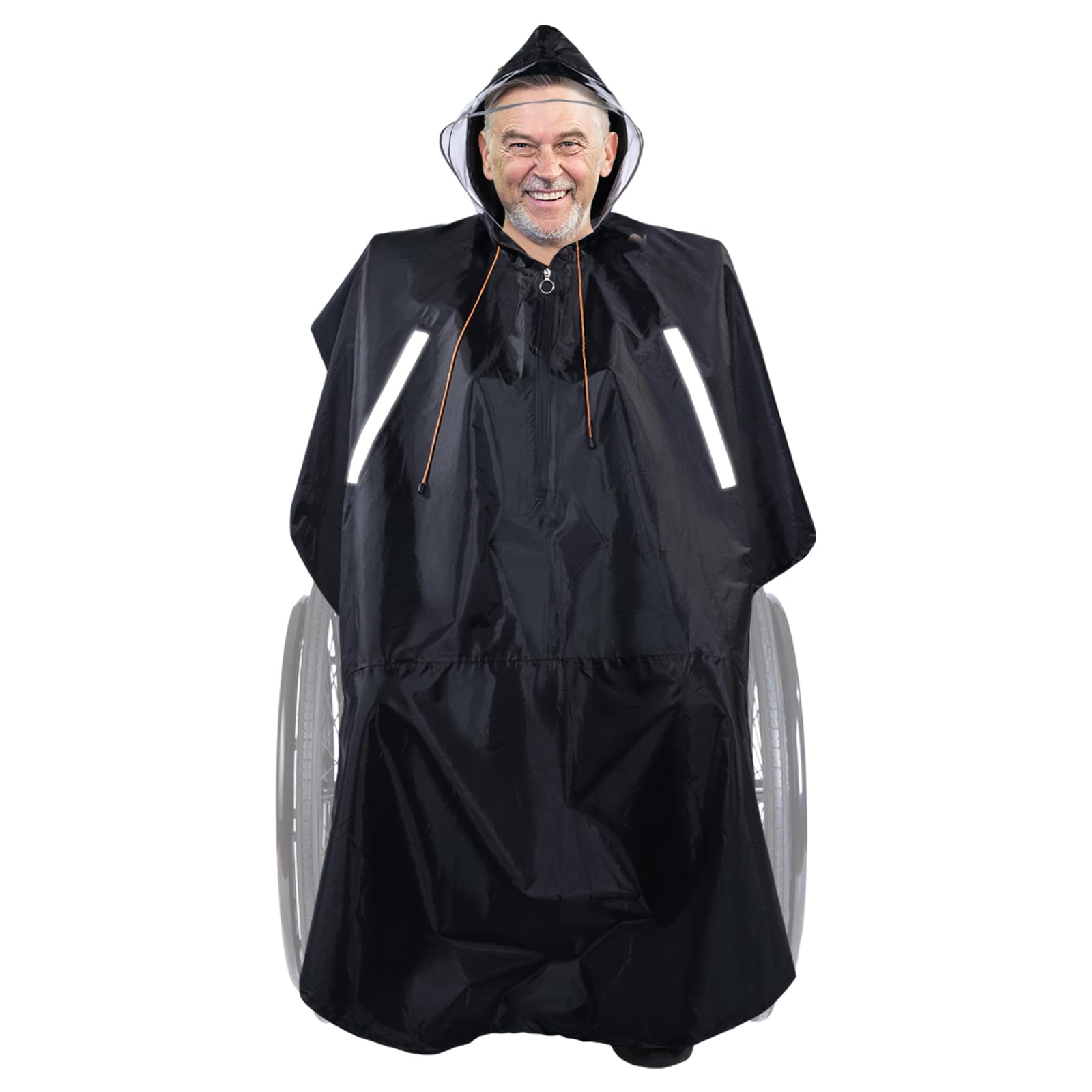 Wheelchair Rain Poncho Adult Full Body Coverage with Semi-Transparent Hood and Waterproof Zipper, Unisex Wheelchairs Rain Cape Protective Cover Windproof with Reflective Strips for Mobility Scooters