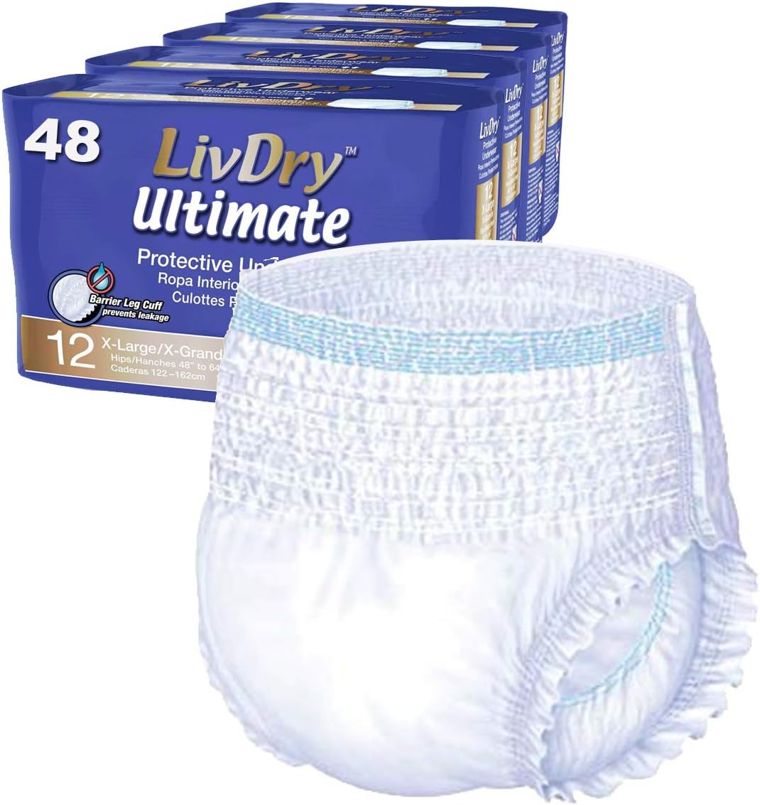 - LivDry Ultimate XL Adult Incontinence Underwear, High Absorbency, Leak Cuff Protection, X-Large, 48-Pack