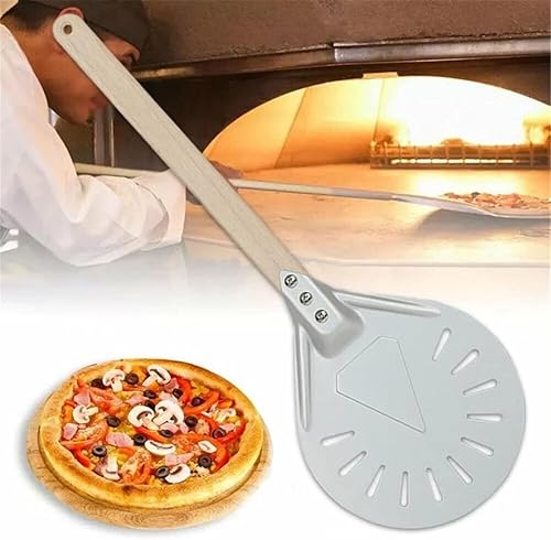Miniatura 2 de Peeling redondo perforado para pizza, cáscara de pizza de aluminio con mango de madera desmontable de 15.7 pulgadas para pizza casera (8 pulgadas)