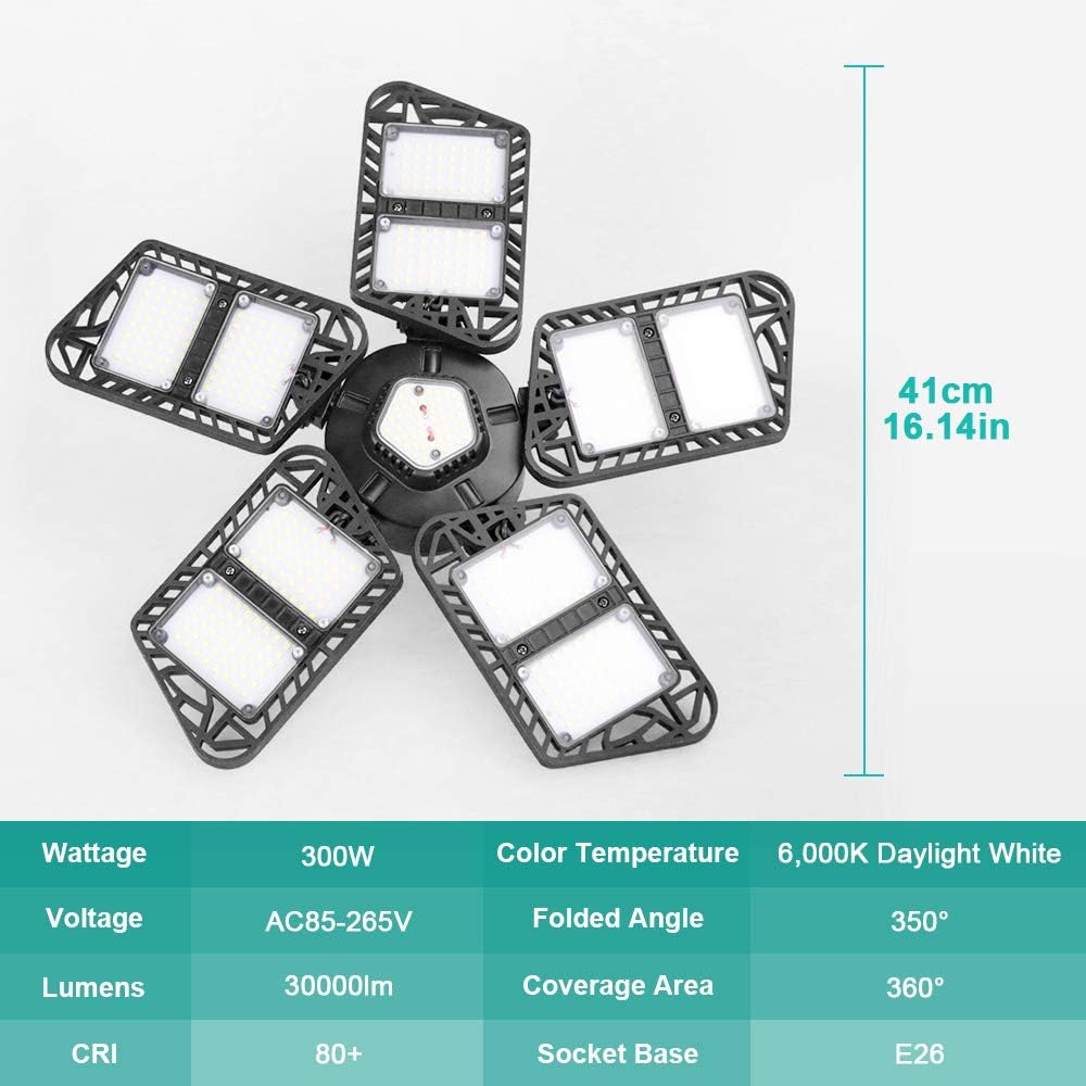 Top Rated Newest 2 Pack 300W Led Garage Lights, High Bright Bay Lighting Fixture with 6000K Daylight, Five Multi-Angle Deformable Leaf LED Ceiling Light for Garage, Warehouse/Workshop, Basement