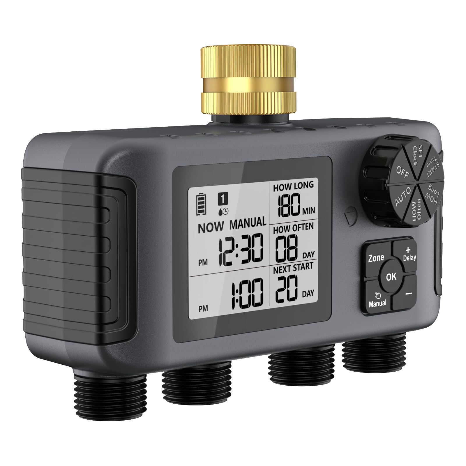 Tsophreniq 4 Separate Zone Garden Irrigation Timer Brass Inlet Intelligent Controller Automatic Manual Rain Delay Watering Systems Soil Sensors Timer