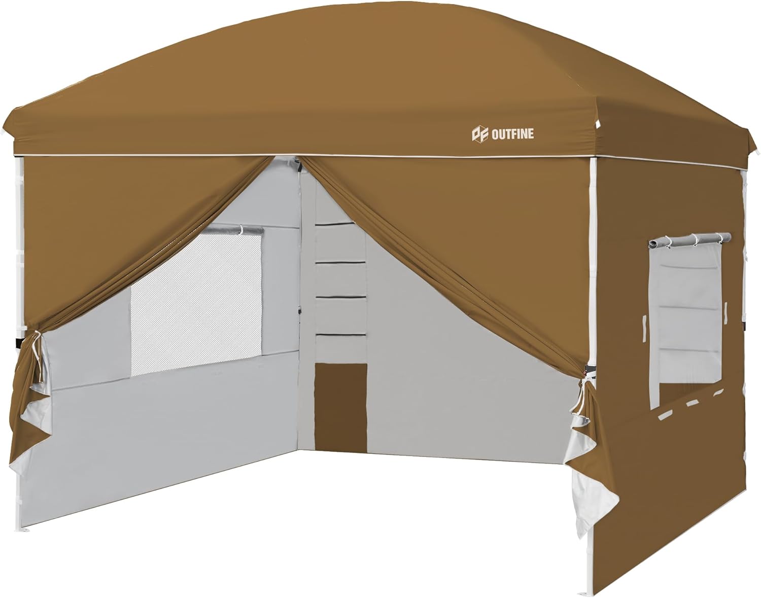 OUTFINE Canopy Tent,Deluxe Dome Gazebo,Outdoor 10x10 Pop Up Canopy with Screen Window Wheeled Bag,Sidewalls with 6 Storge Pockets,Canopy Sandbags x4,Tent Stakesx8 (Khaki)