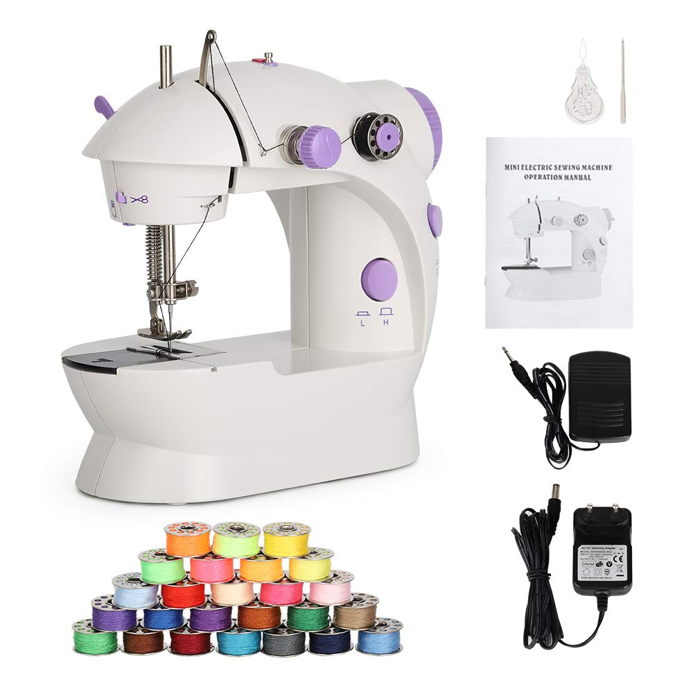 Mini Sewing Machine Electric Sewing Machine Portable Sewing Kit with Dual Speed Double Thread (Purple)