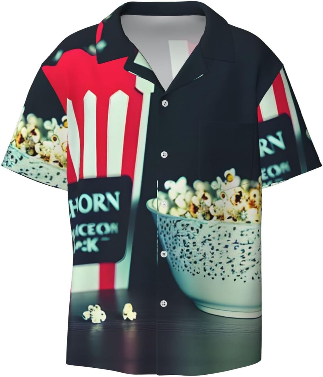 SSIMOO Movie Clapboard and Popcorn Print Cuban Collar Short Sleeve Shirt,Perfect Beach and Casual Wear for Men Black