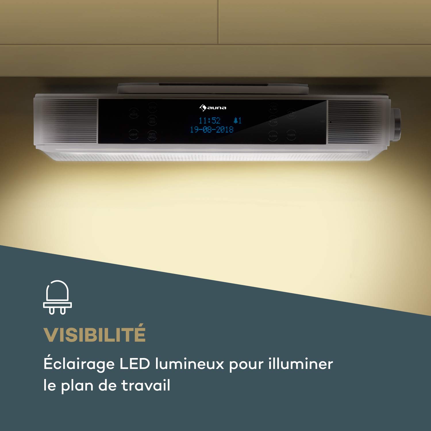 AUNA KR-140 - Radio de Cuisine encastrable, Bluetooth, Radio Dab+, 40 Stations programmables, 2x3W RMS, Écran Tactile, Mains-Libres, Éclairage LED, Minuterie de Cuisson - Blanc