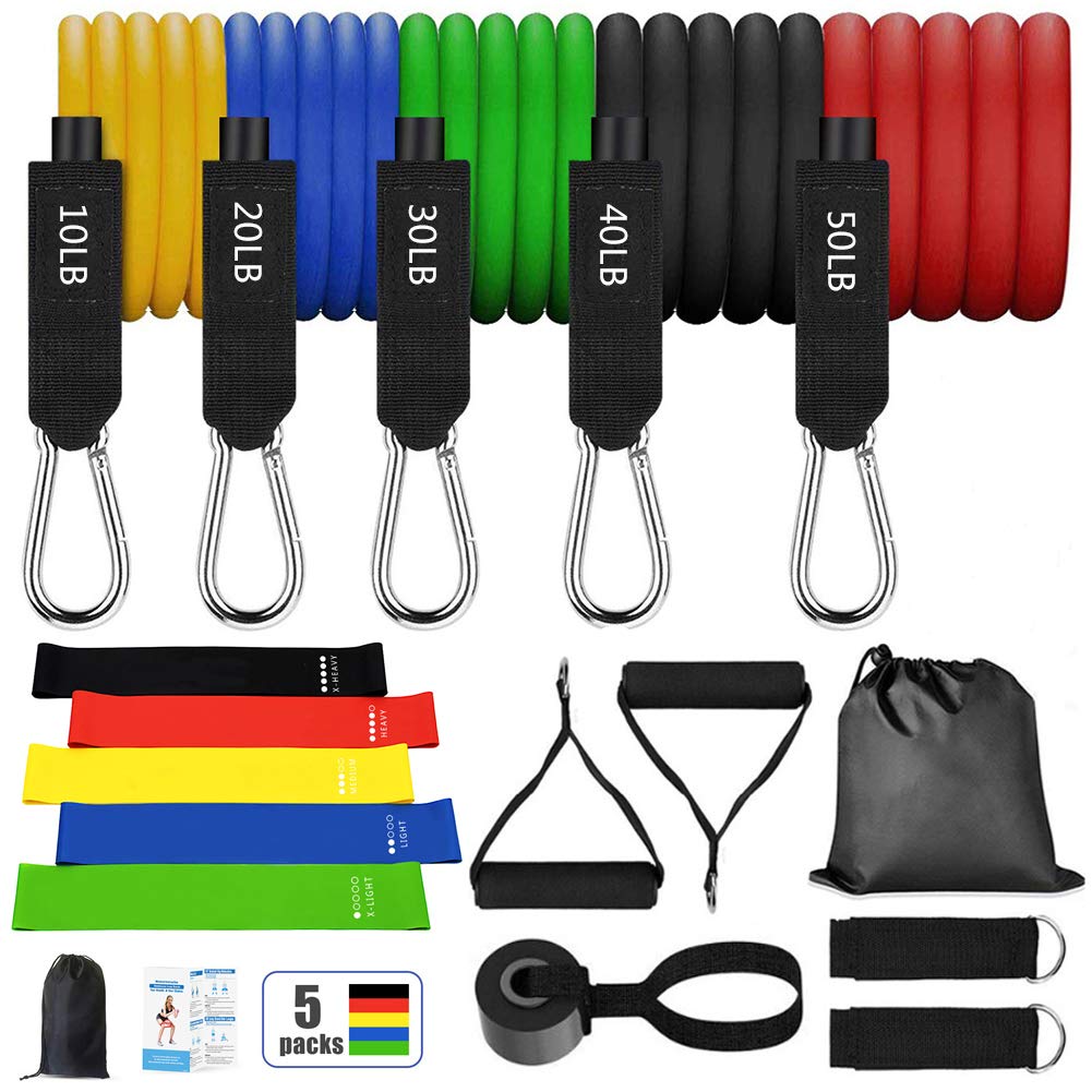 11 Pcs Resistance Band Set, Fitness Yoga Bands Resistance Bands, 5 Exercise Bands, 2 Handles, 1 Door Anchor, 2 Ankle Straps And 1 Storage Bag,150 LB