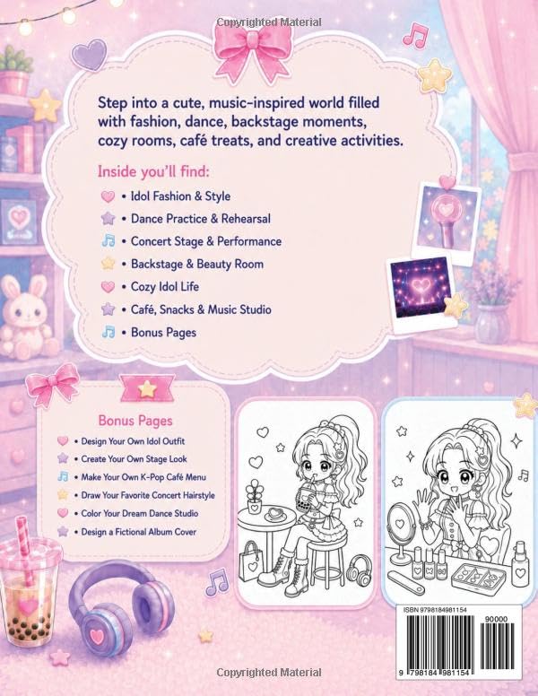 K-Pop Idol Life Coloring Book: Cute Kawaii Fashion, Dance Practice, Backstage Moments, Concert Stages, Bubble Tea & Cozy Music-Inspired Pages for Kids, Tweens, Teens & Adults image 3