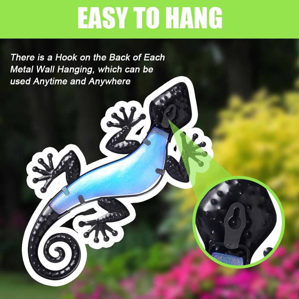 AOOSU Metal Decor Gecko Art Decor, Wrought Iron Colorful Gecko Wall Sculptures, Outdoor Garden Fence Ornaments Hanging for Backyard Porch Patio（30.5 * 18cm 2pcs） — view 4