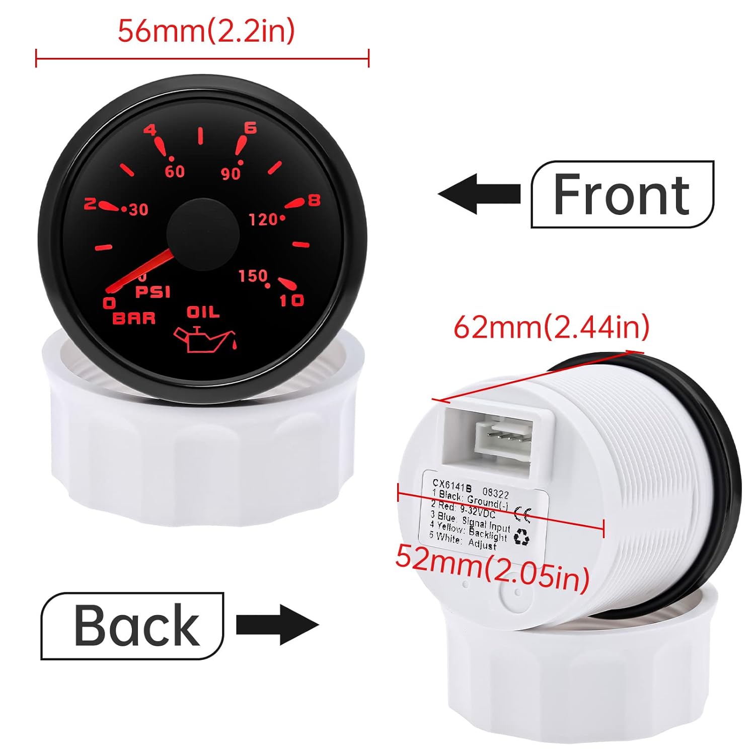 ARTILAURA Oil Pressure Gauge Electric 2-1/16" 52mm 0-150 PSI 0-10Bar Boat Meter 7 Color for AUTO Car Truck Marine (All Black)