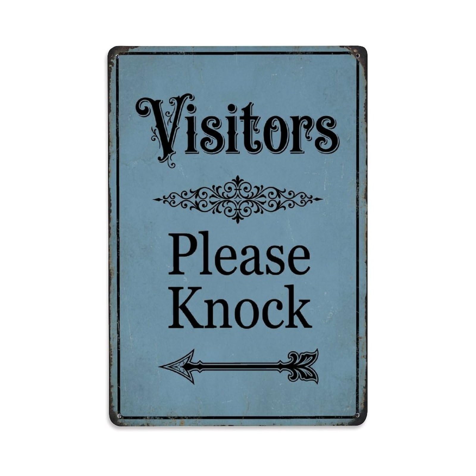 Vintage Visitors Please Knock Arrow Ornate Metal Tin Sign