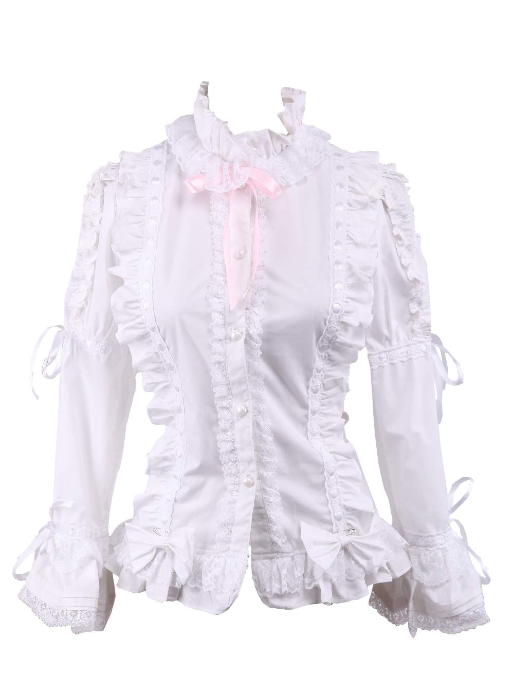 An*Tai*Na Women's White Antaina Cotton Lace Ruffle Bows Sweet Victorian Lolita Shirt Blouse,L