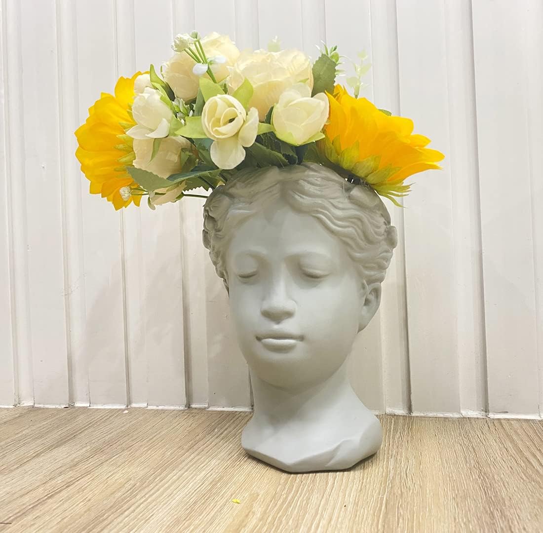 Greek Goddess Head Vase, Female Bust Statue Planter Flower Pot for Home Garden Decoration (Beige)
