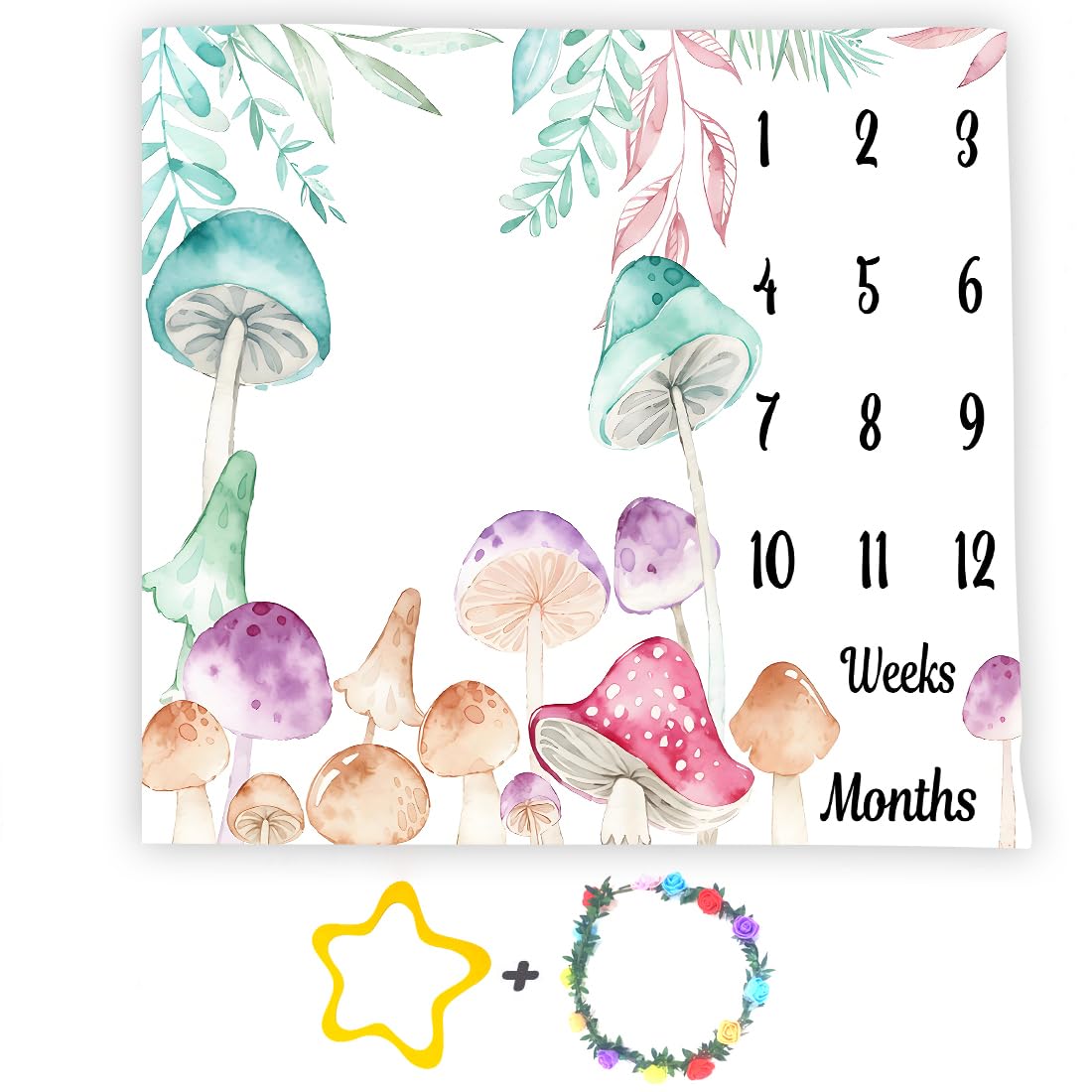Mushroom Theme Baby Monthly Milestone Blanket, Watercolor Colorful, 60x40in