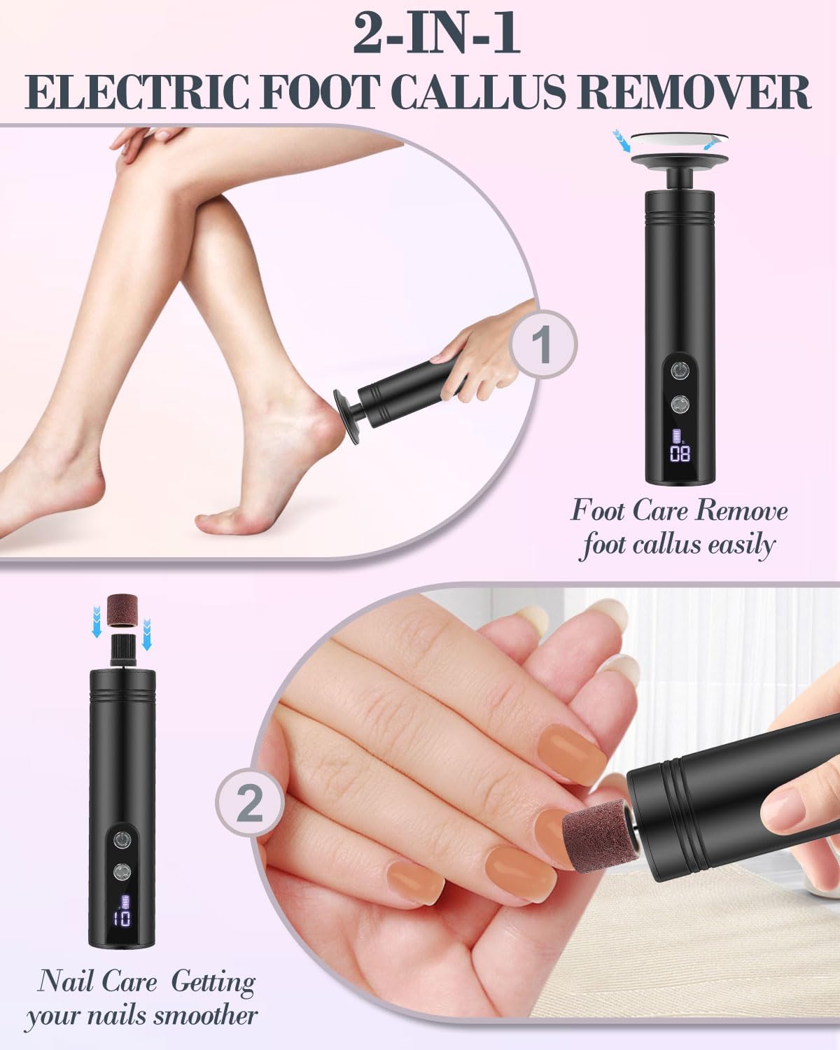 2-in-1 hornhautentferner elektrisch mit 9 Einstellbaren Geschwindigkeiten Wiederaufladbare LED Pediküre und Maniküre Set mit Auswechselbare Schleifscheiben für Fuß & Nagelpflege