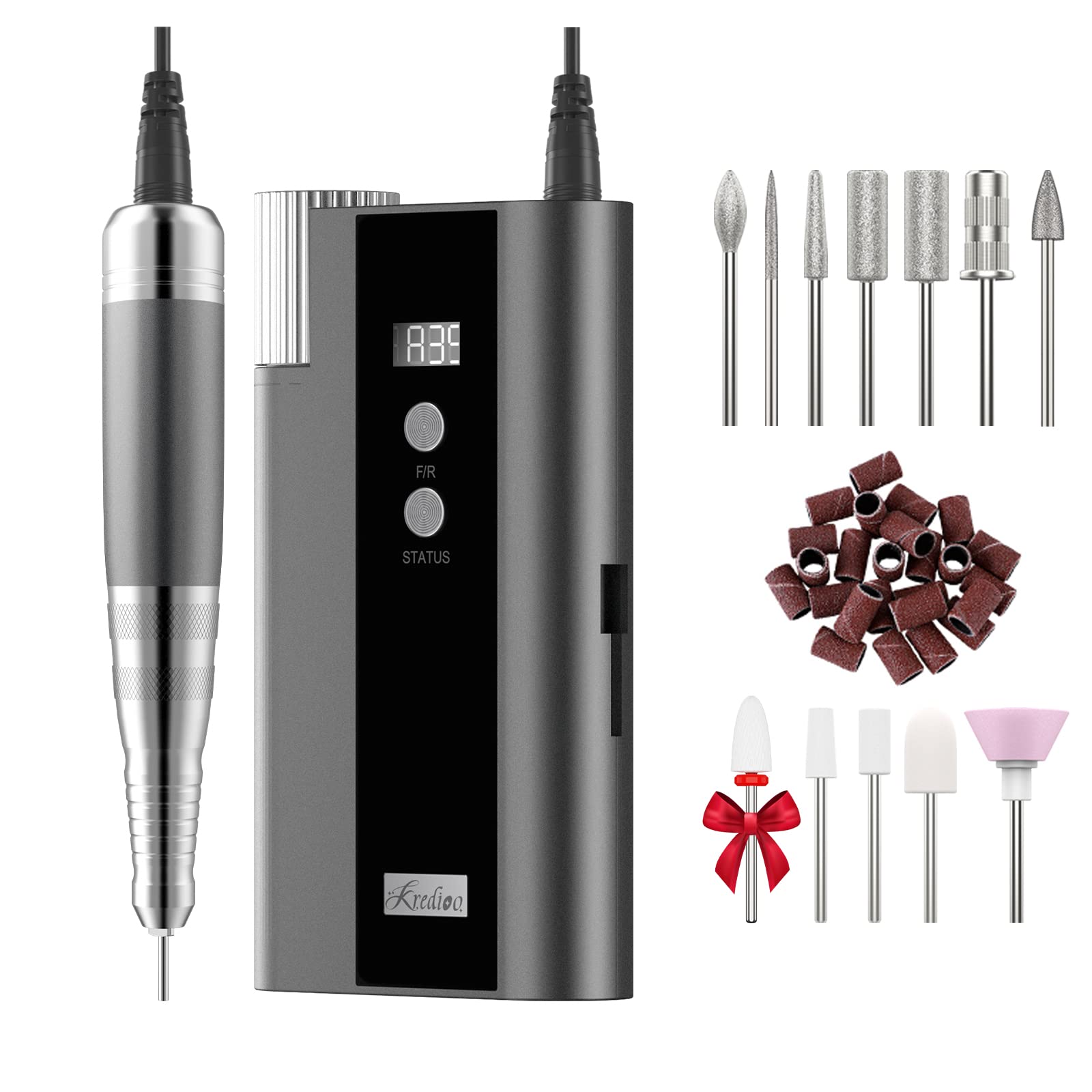 Kredioo Torno para Uñas Profesional 35000 RPM, Inalámbrico＆Recargable, Lima Electrica Portátil 2000mAh, Set Manicura y Pedicura, Pulidor, 11 Brocas, LED, Quitar Acrílico Gel / Esmalte / Callos, Gris