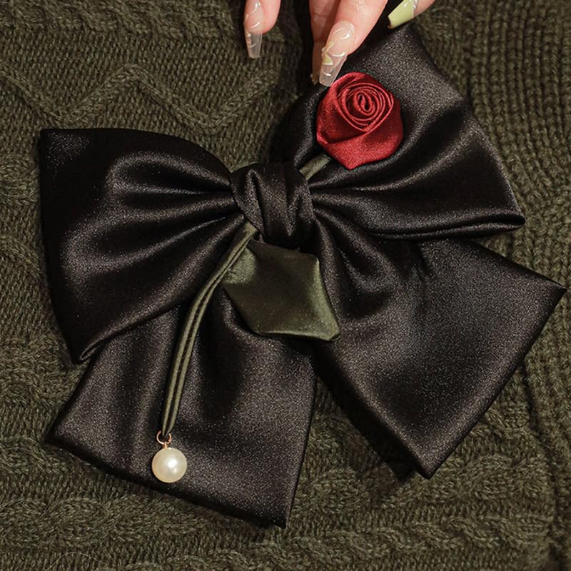 Miniatura 7 de Pinzas para el cabello con lazo negro para mujeres y niñas, con lazo de satén sedoso, pasador de pelo grueso, lazos de cinta de perlas, grandes