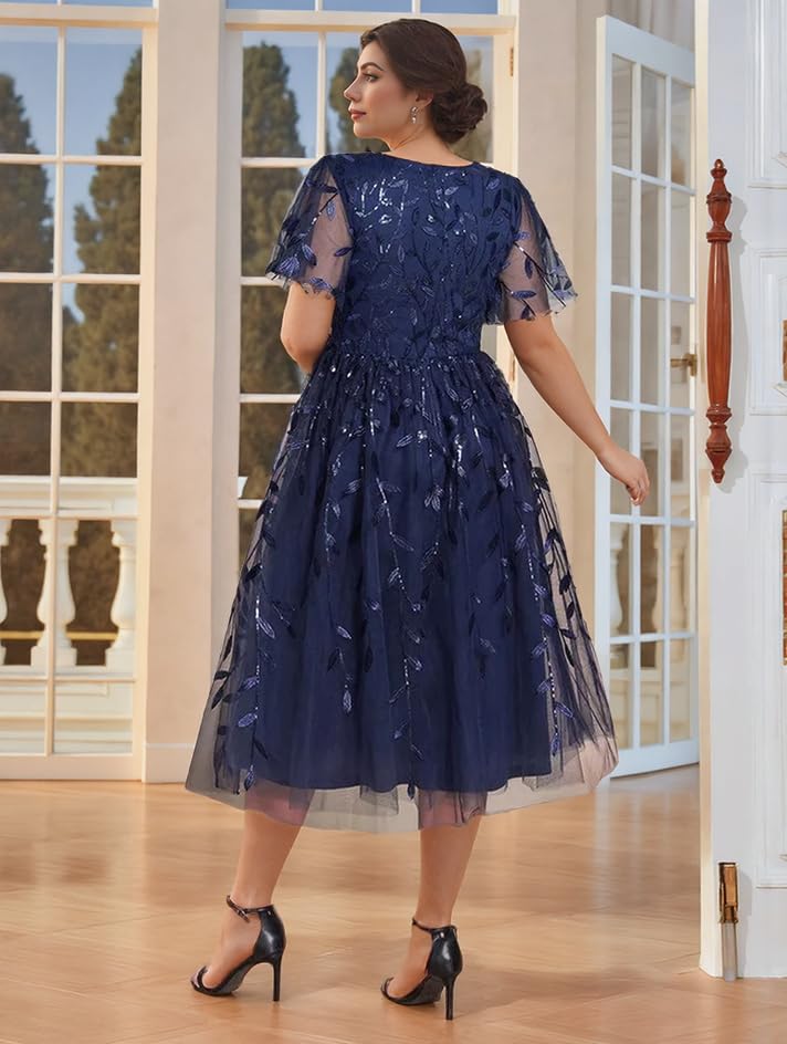Sparkly Sequin Mother of The Bride Dresses Tea-Length Flutter Sleeves Lace Tulle Formal Dress for Women3