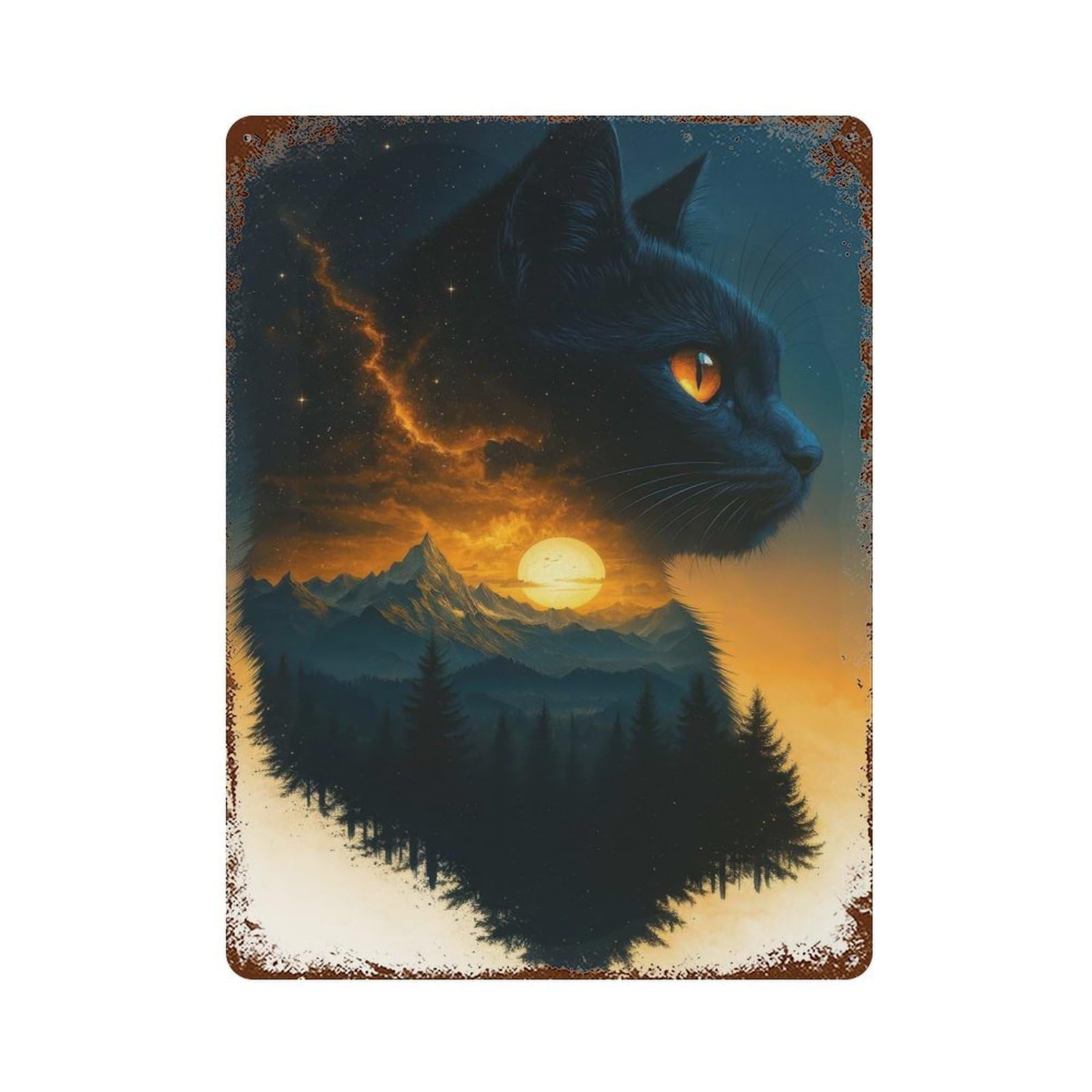 Black Cat Landscape Silhouette Rustic Tin Plaque 15.7"x11.8", for Shed, Workshop And Garage Wall Decor, Shabby Chic Decor