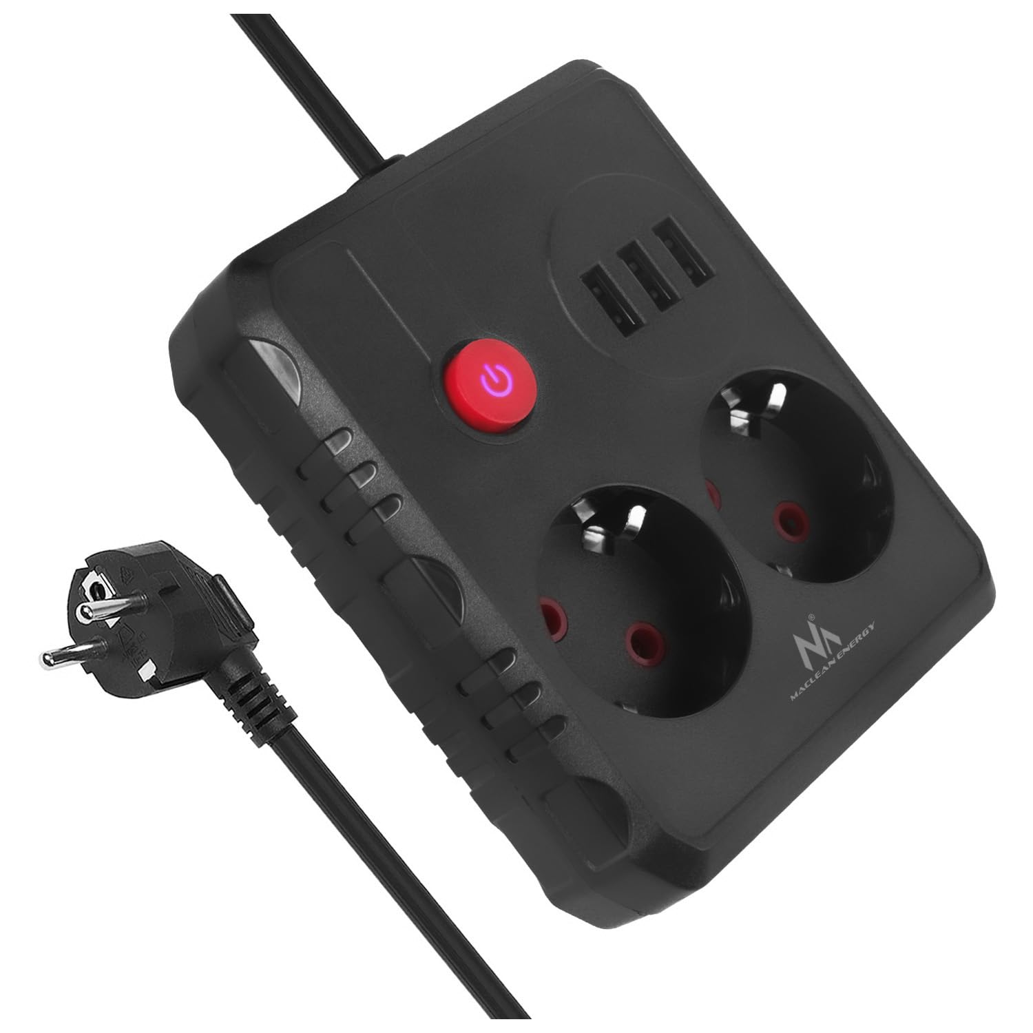 Maclean MCE387/8 Steckdosenleiste | 2 Steckdosen 3xUSB 2500W | Kompaktes Kabel mit 45° Winkelsteckdosen | Beleuchteter Wandschalter (Schwarz, 1,5 m)