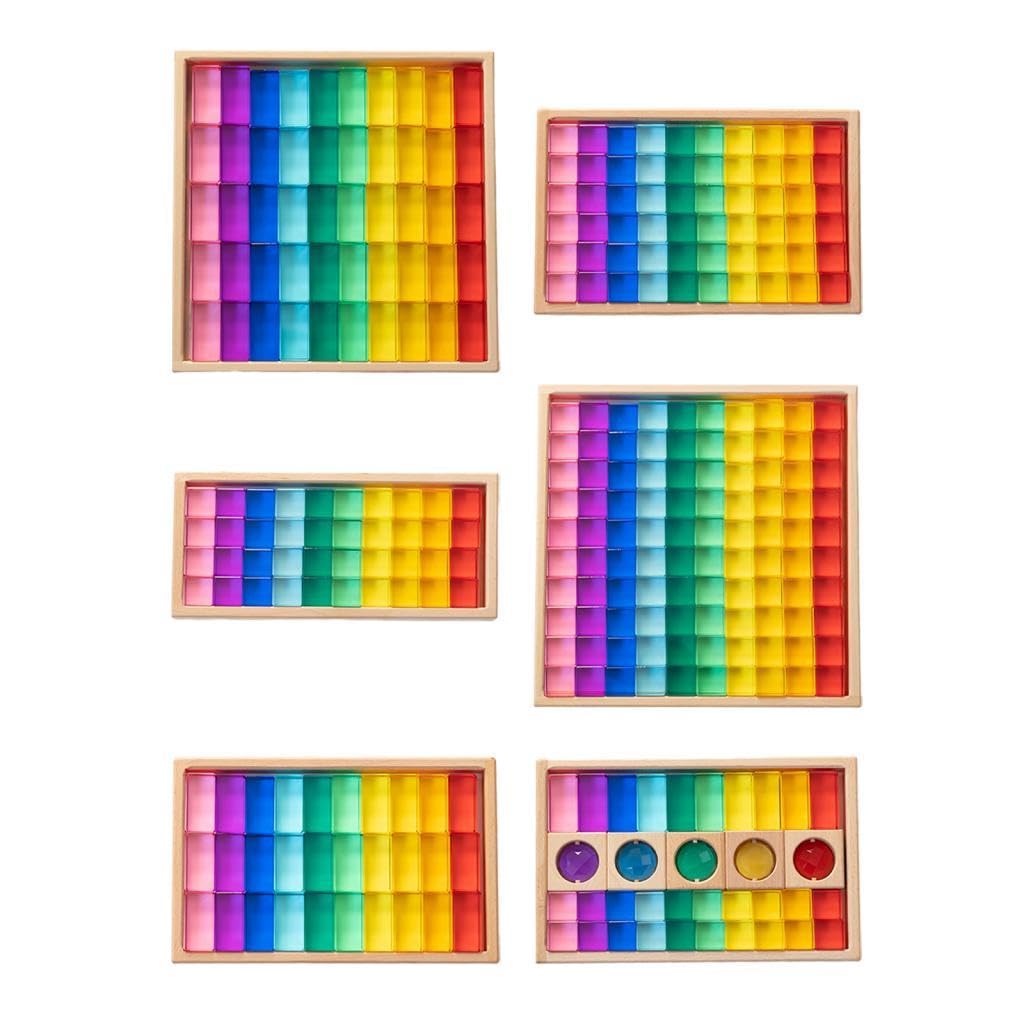 MagiDeal 30 Pezzi Blocchi da Costruzione Set Cubi Stacking Gioco Educativo Arcobaleno Gemme Cubi Acrilico Trasparente con Scatola in Legno Adatto Ba, 100 Pezzi