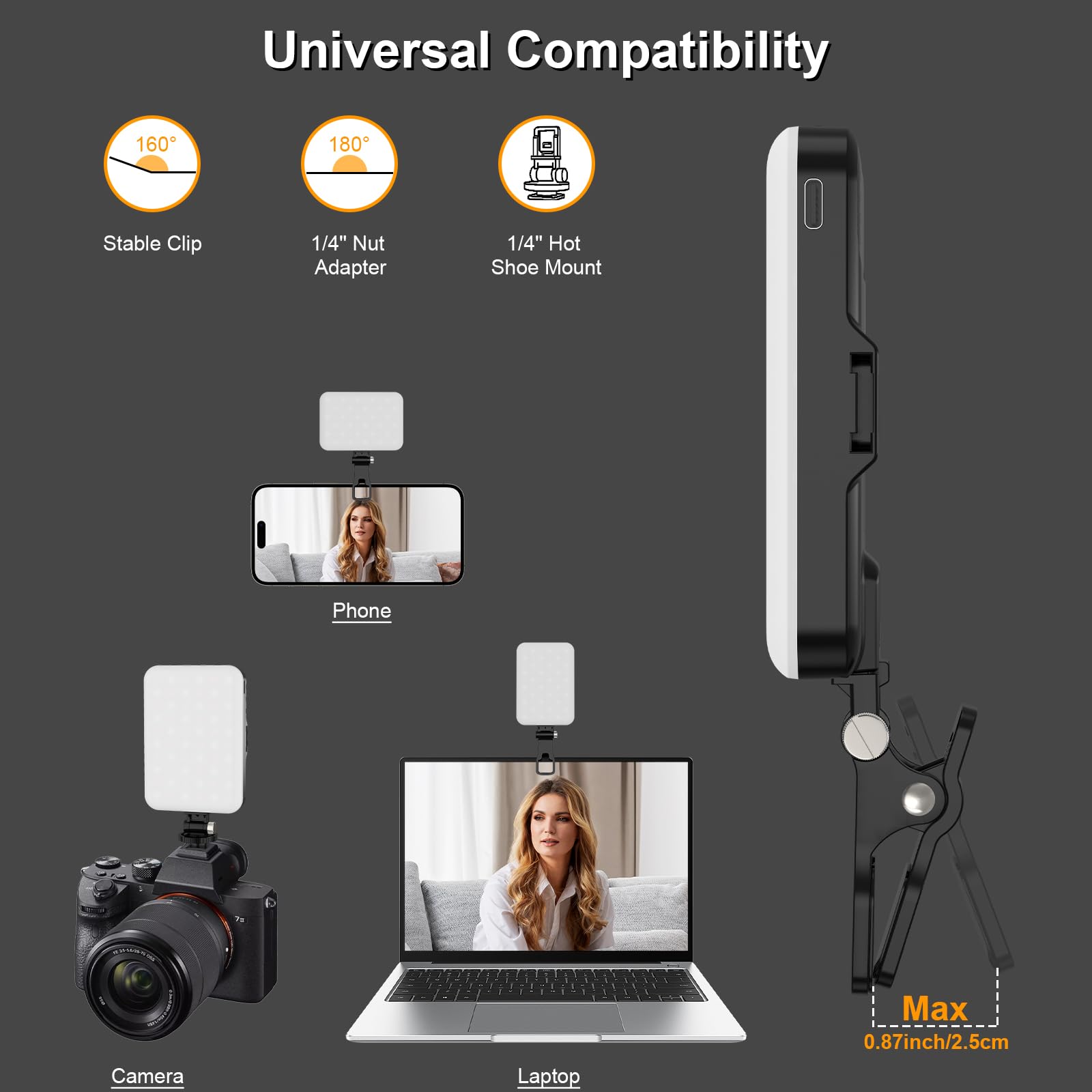 ANAUTIN Luce a LED per fotocamera con luci video, illuminazione portatile per fotografia, 60 LED, 2200 mAh, luce ricaricabile per selfie, 7 modalità, luminosità a 10 livelli, luce portatile con clip
